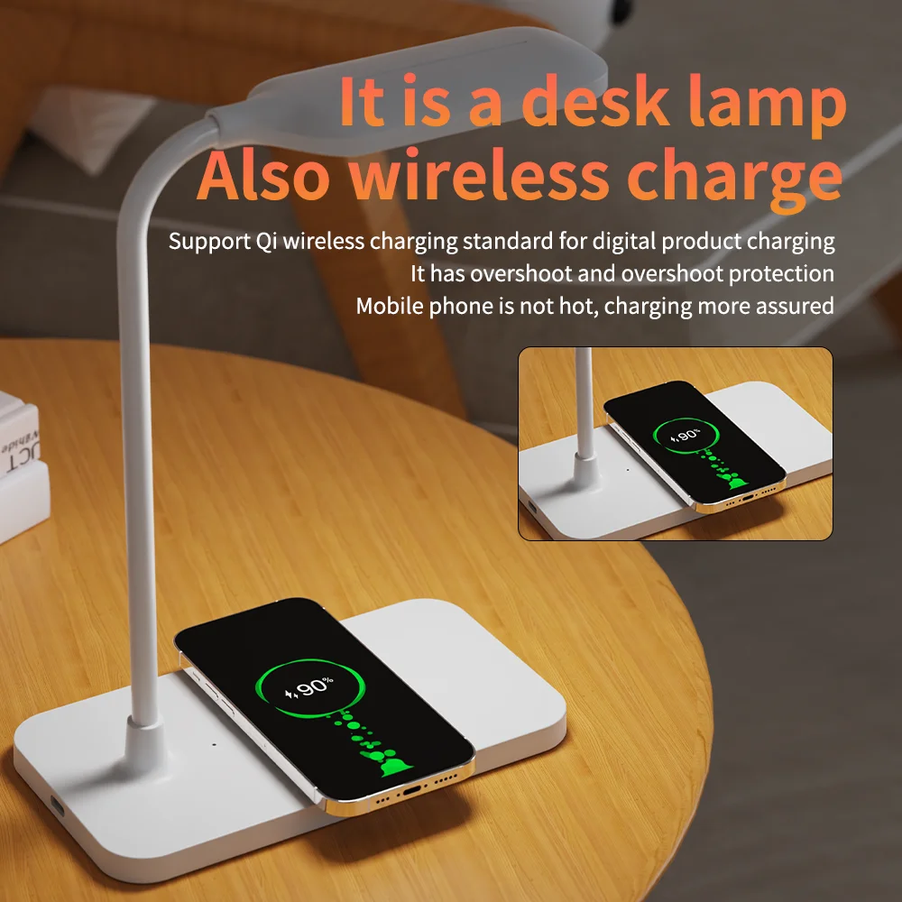 LED Light Eye Protection Study Desk Reading Lamp Dual-Fold Rechargeable Dual-Purpose With Phone 15w Wireless Charger Table Lamps