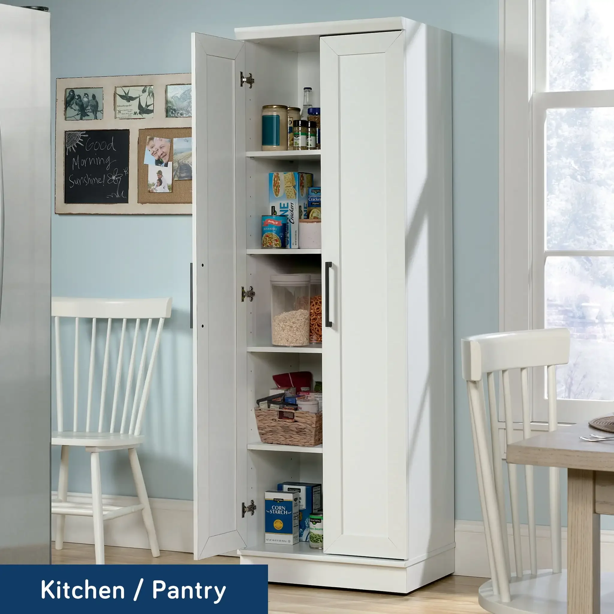 Modern Cabinet with Four Versatile Shelves, Spacious Hidden Storage ,Adjustable Base Levelers,Soft White/Dakota Oak Finish