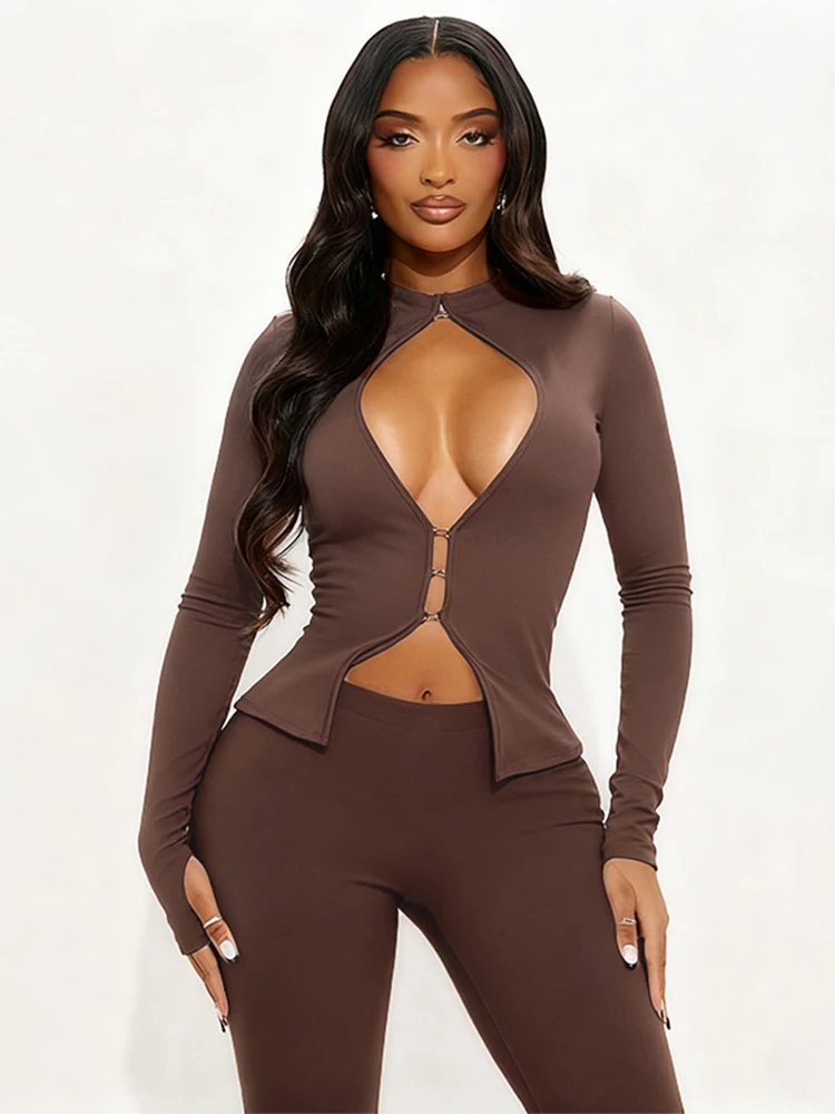 

Whatiwear, сексуальный модный комплект из 2 предметов, женский топ с полым крючком на молнии и длинными рукавами + узкие персиковые бедра, длинные брюки, хипстерская одежда