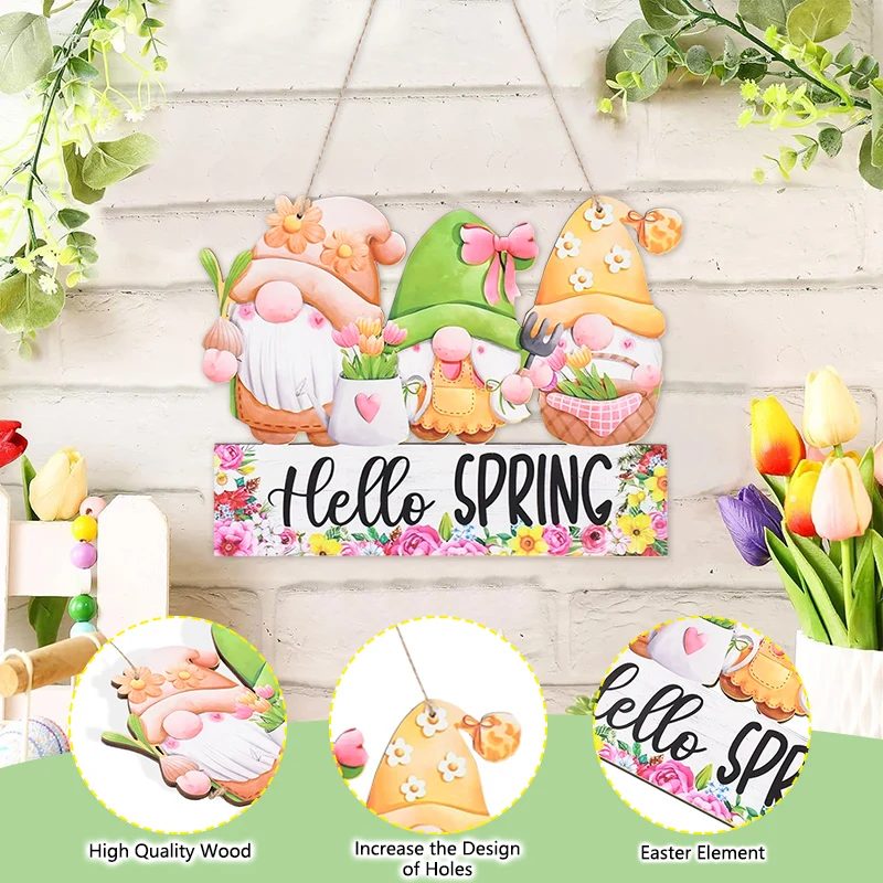 Easter Hello Spring Wooden Hanging Oranment Spring Gnome Door Wall Decoation Home Plaque Sign DIY Wreath Garland Festival Supply