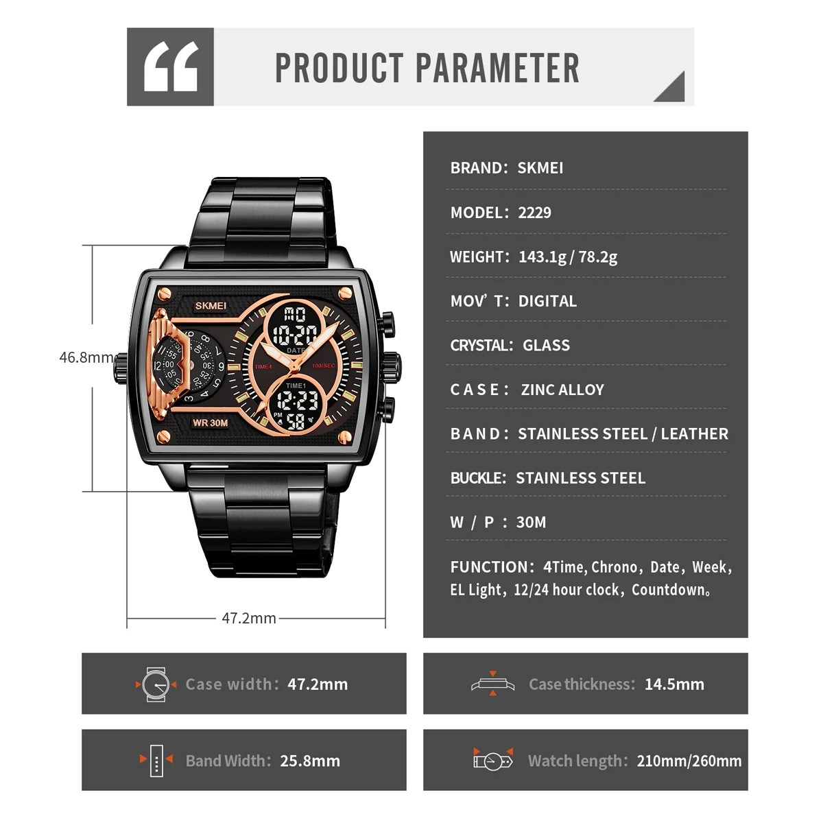 SKMEI Luxury Business orologi da uomo orologio sportivo digitale 3Bar impermeabile Chrono Dual Display orologi da polso originali Reloj Hombre