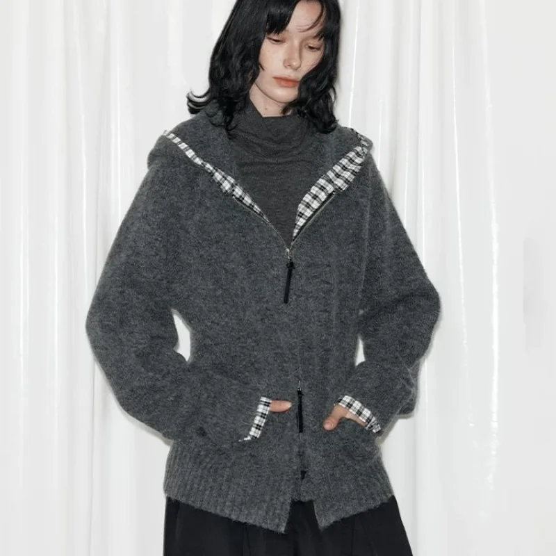 

Gray Zipper Cardigan Spliced plaid Hooded Sweater Jacket for Women's Autumn and Winter Loose Top