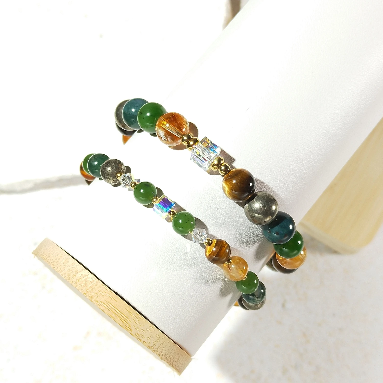 

Lii Ji Moss Agate Hetian Jade Citrine Tiger Eye Pyrite Natural Stone American 14K Gold Filled 6mm/8mm Elastic Bracelet 18cm/