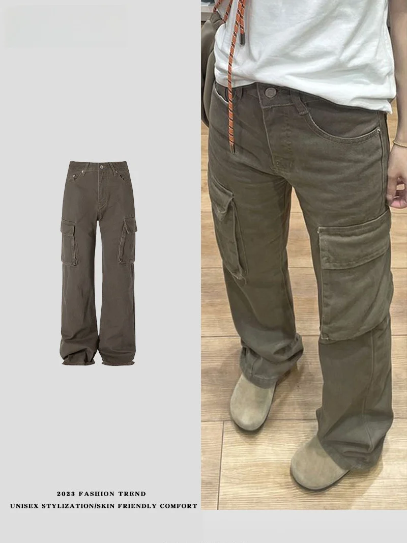 

American Waed Retro Multi-ket Work Pants Men's Loose Straight Casual Micro Flared Pants Street Sle Youth ular