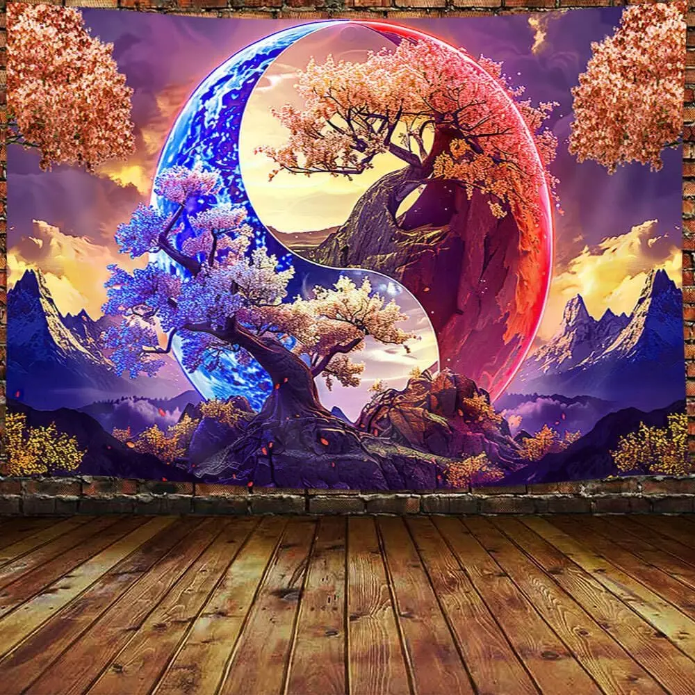 Yin Yang Tree Tapestry Cosmic Balance Art Zen Wall Hanging Meditation Room Decor Spiritual Symbol Mountain Landscape Boho
