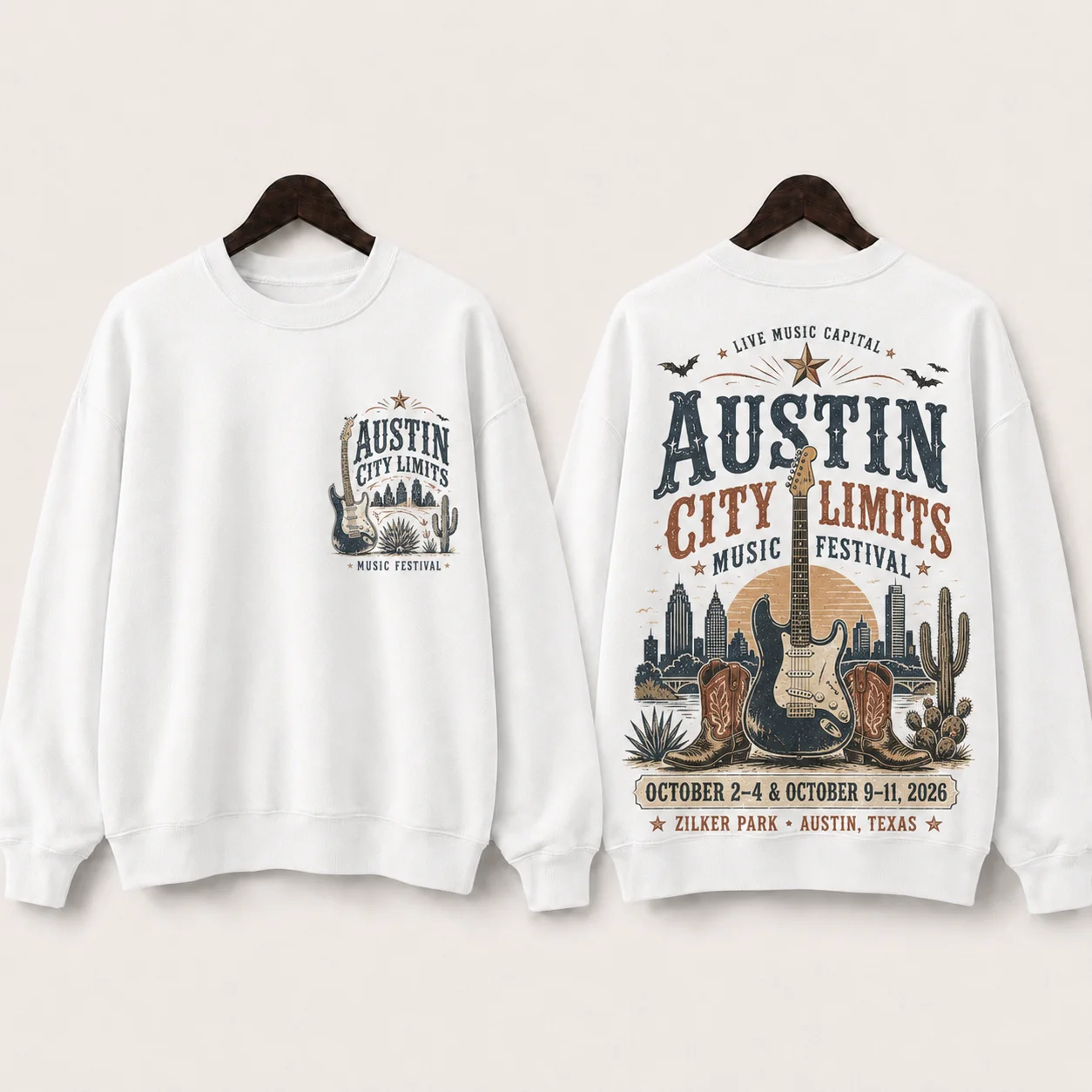 Men Women Kids Austin City Limits Music Festival Sweatshirt Guitar Cowboy Boot Cactus Graphic Crewneck Pullover Unisex Tops