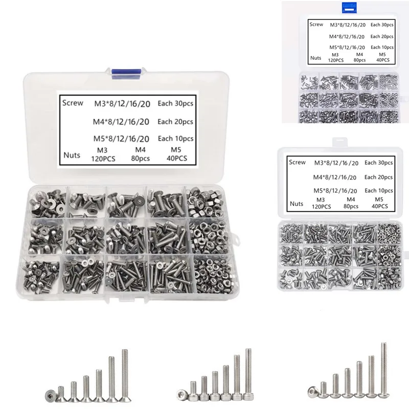 

Набор винтов с шестигранным углублением 480 шт./кор. M3 M4 M5 304, винты с плоской круглой головкой из нержавеющей стали, болты, прокладка и гайки, набор в ассортименте