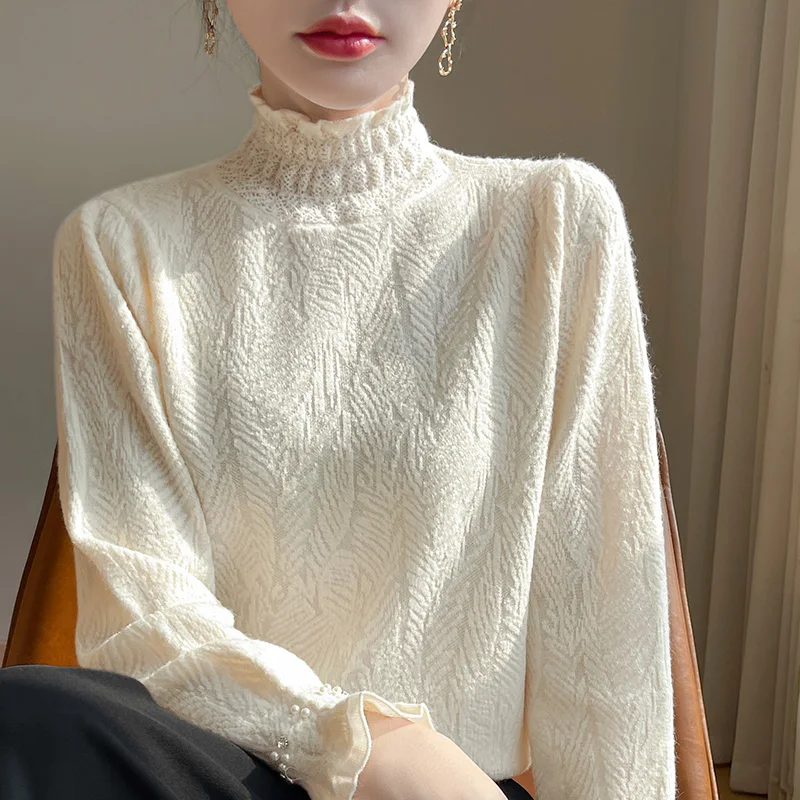 Knitted Sweater, Fine Spun Wool, Fashionable Women's Black Fungus Edge Lace Base Sweater, Solid Color Top