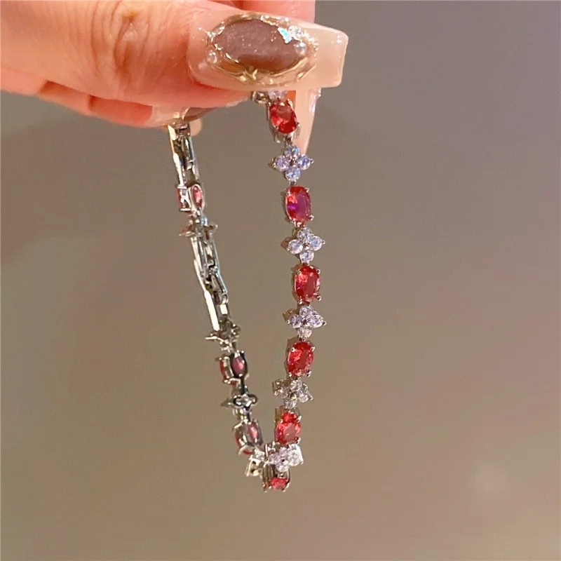 

Classic Fashion Red Crystal Flower Crystal Bracelet for Women Personalized New Stainless Steel Girls Jewelry Accessories Gift