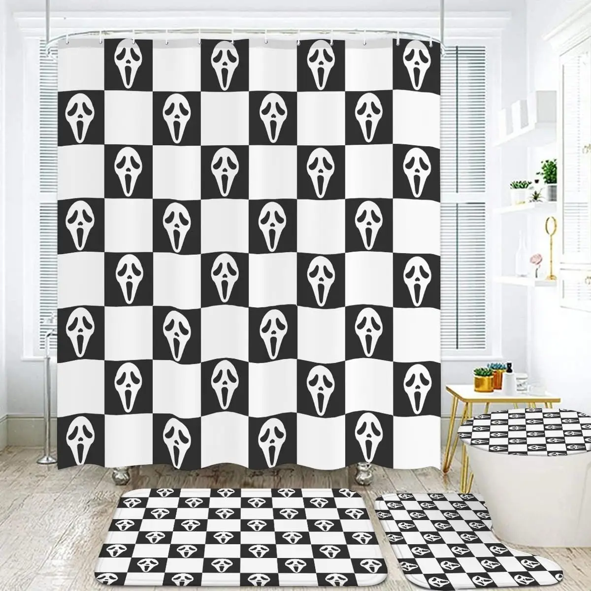Horror Ghost Face Bathroom Set, 4-Piece with Shower Curtain , Bath Mat, Contour Rug, Toilet Lid Cover, Black and White Pattern
