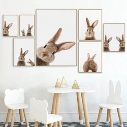 Kawaii królik wydruki na płótnie Nordic Woodland plakat ze zwierzętami Wall Art brązowy króliczek obraz z nadrukiem zdjęcia dekoracja sypialni dla dzieci