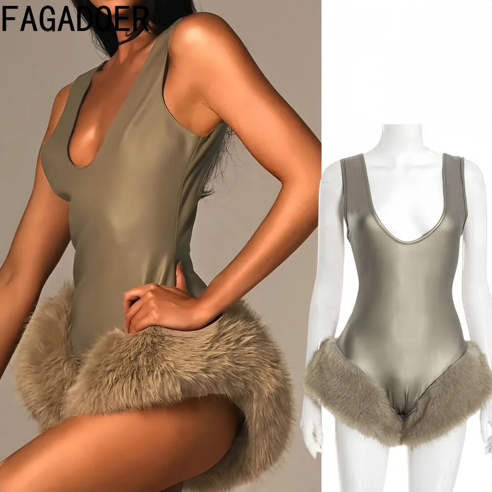 

FAGADOER Sexy Fur Patchwork Bodycon Rompers for Woman Deep V-neck Sleeveless Backless Jumpsuits Female Streetwear Overalls New