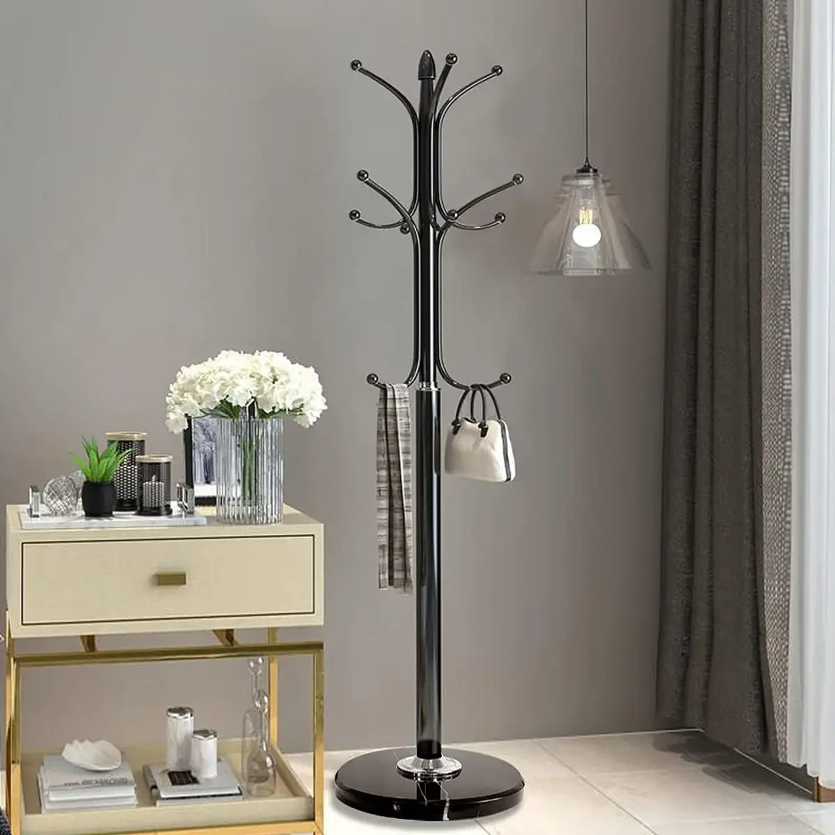 Metal Coat Rack Stand with Natural Marble Base, Free Standing Hall Tree with 12 Hooks for Hanging Scarf, Bag, Jacket, Ho