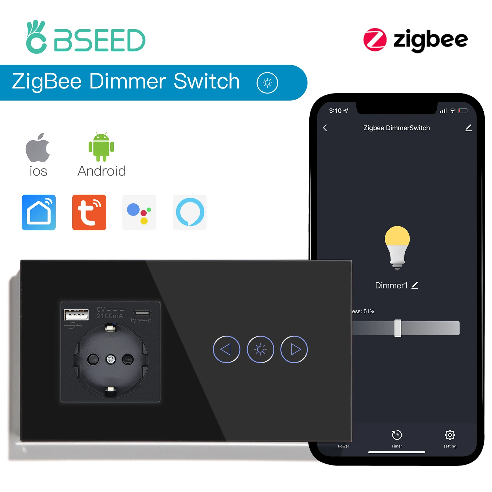BSEED Zigbee dimmeren Tuya APP-bediening Smart LED dimbaar serie glas Google Alexa Smart Dimmer Touch-schakelaars Zwart