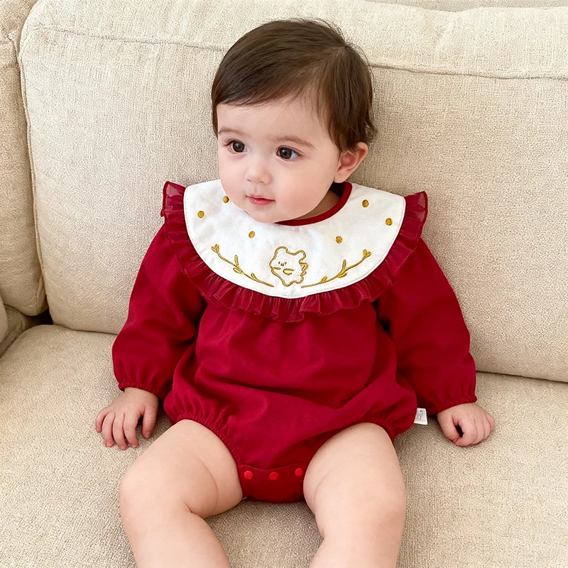 

Рождественский осенний боди для новорожденных девочек 0-3 лет, комбинезон для малышей, красный детский комбинезон с круглым воротником и капюшоном, модное детское боди