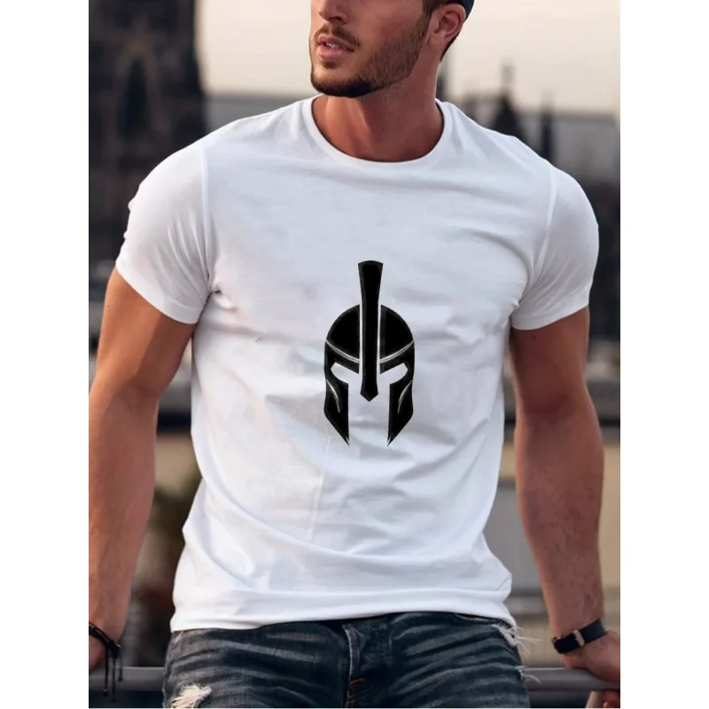 تي شيرت رجالي أسود مطبوع خوذة يونانية تصميم قطن عالي الجودة 180 جرام