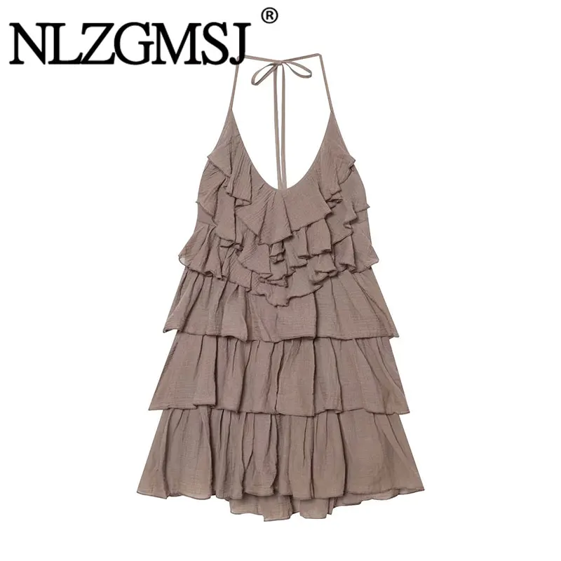 Nlzgmsj 2026 Sommer Damen Elegantes V-Ausschnitt Neckholder-Minikleid Lässiges Einfarbiges Rüschen-Stufenkleid Ärmelloses Kurzes Kleid