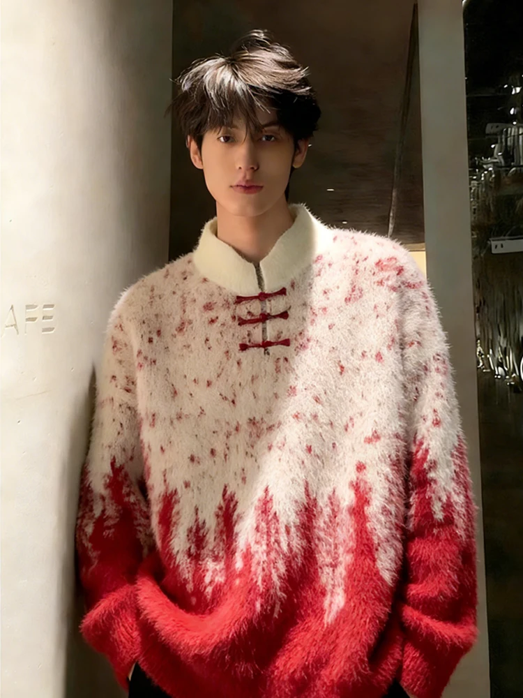 

Красный вязаный свитер мужской зимний, на Новый год, в китайском стиле, теплый, мягкий, длинный, на пуговицах, повседневный...