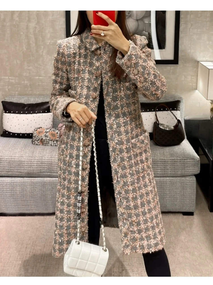 Brand New Designer Autumn Winter Fashion Women High Quality Wool-blend Plaid Tweed Coat B529