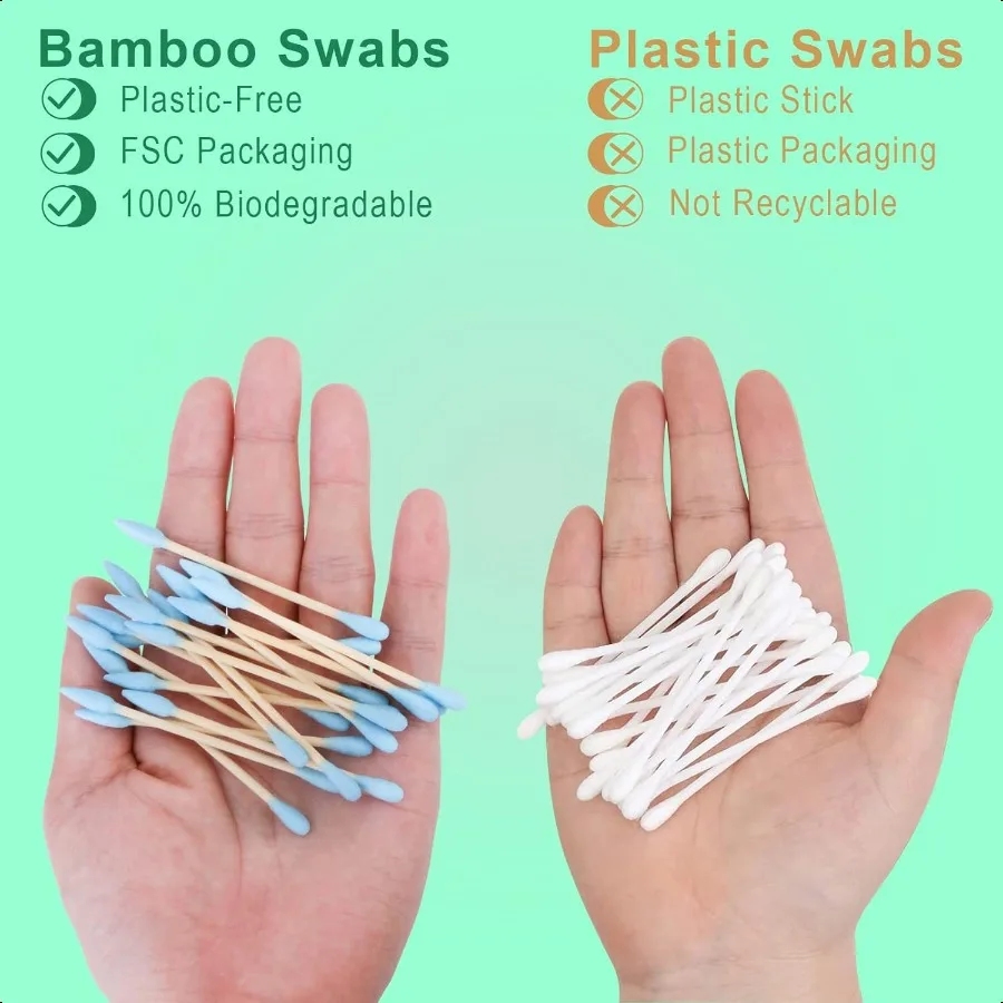 천연 대나무 면봉 친환경 생분해성 편안하고 부드러운 플라스틱 없는 이중 귀 청소 스틱