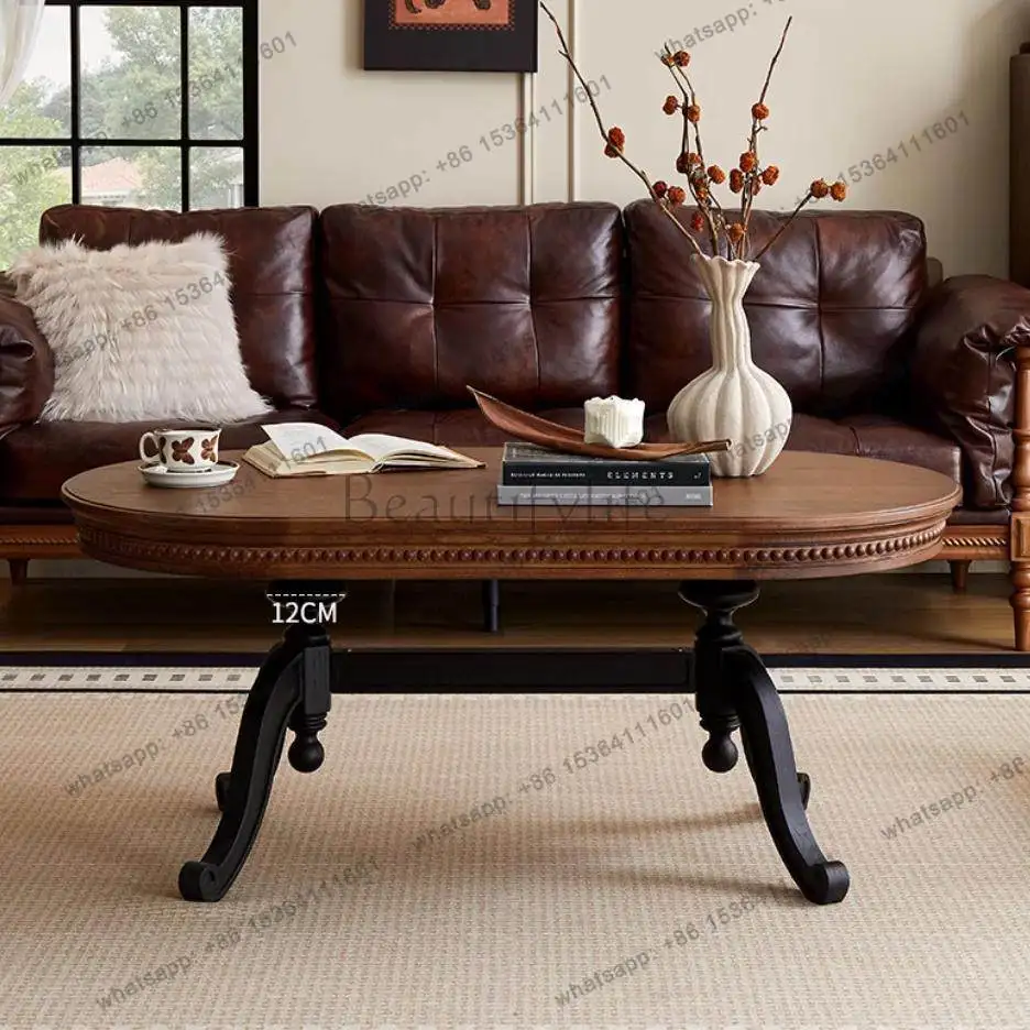 

French solid wood coffee table living room movable oval tea table