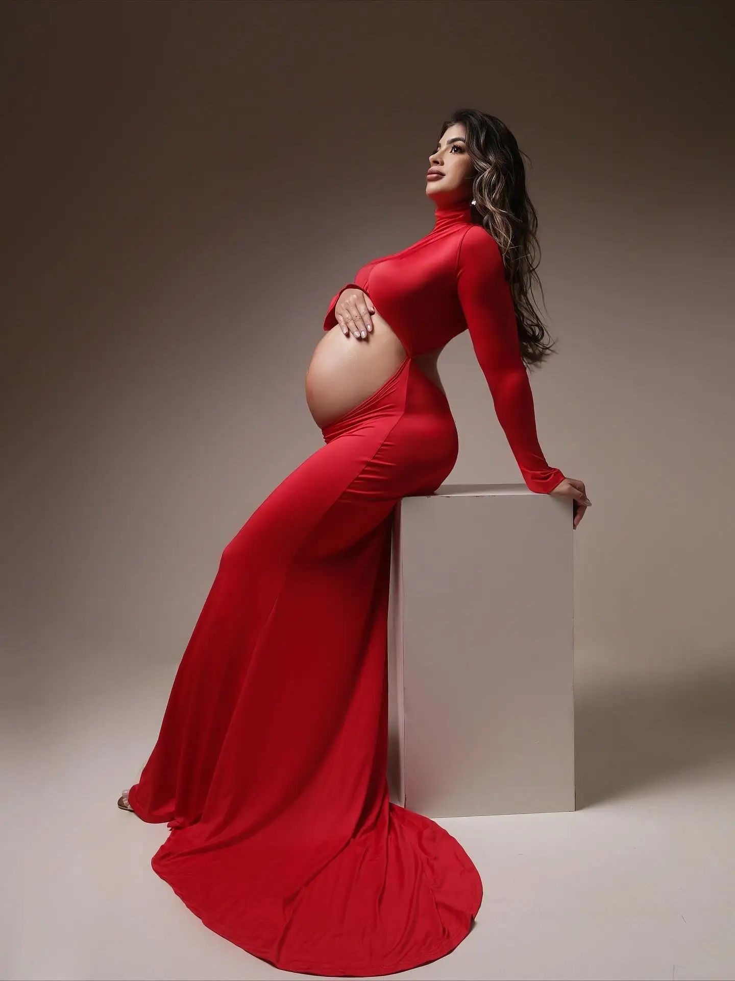 Beauty Red Maternity Dress Photoshoot Cut-Out High Neck Stretch Baby Shower Dresses Pregnancy Photography Dress Shooting Outfit