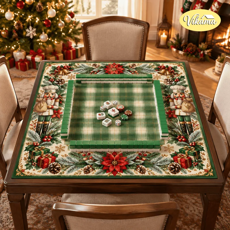 VIKAMA Green Gingham Nutcracker Christmas Mahjong Table Mat Poinsettia Bell Gift Non Slip Foldable Game Mat for Xmas Game Night