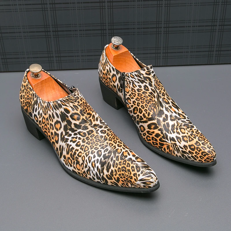 

2025 Fashion Party Banquet Men's Comfortable High Heels Tall Leather Shoes Spring New Style Side Zipper Pointed Block Shoes