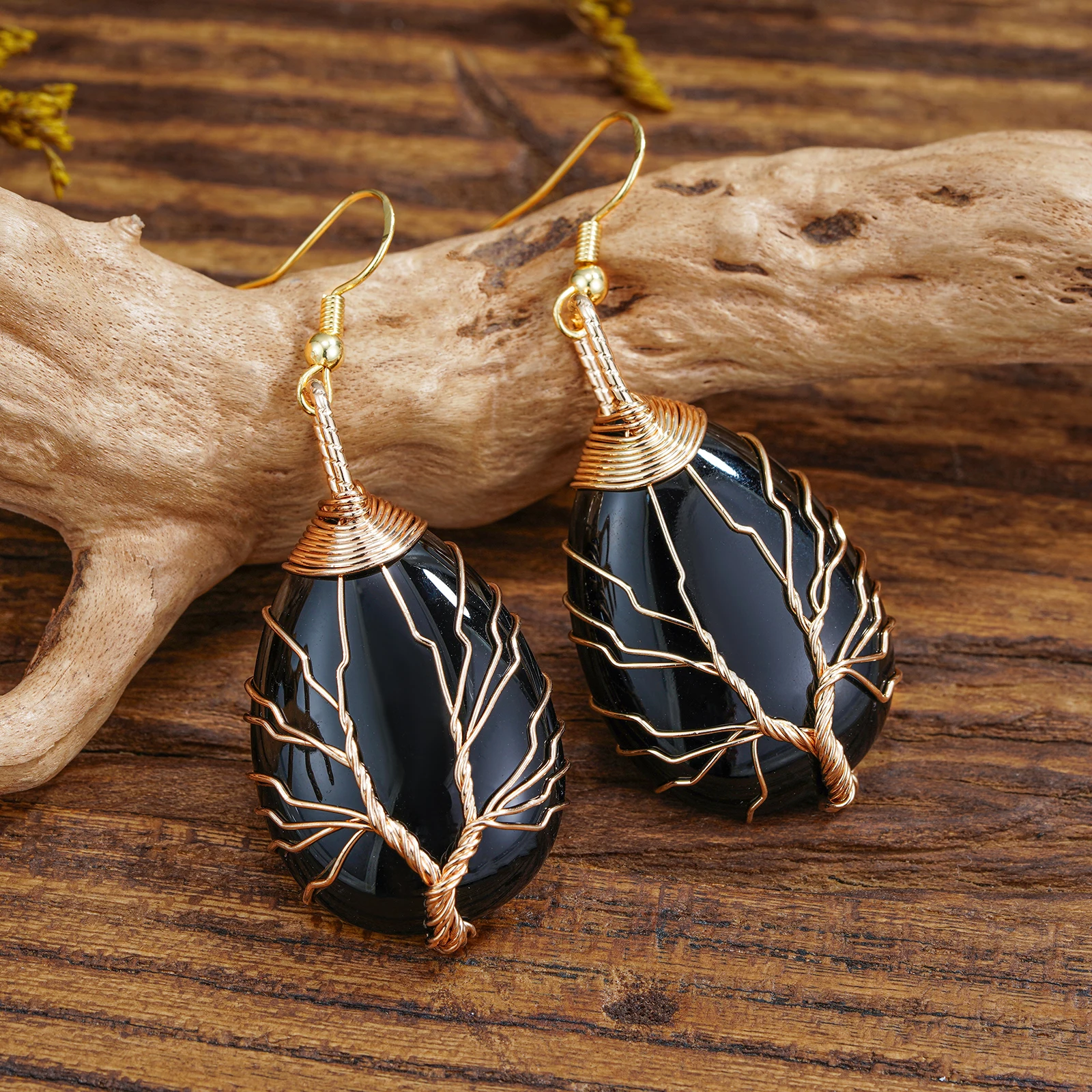 Handmade Teardrop Black Agate Crystal Dangle Earrings for Women, Wire Craft Tree of Life Earrings