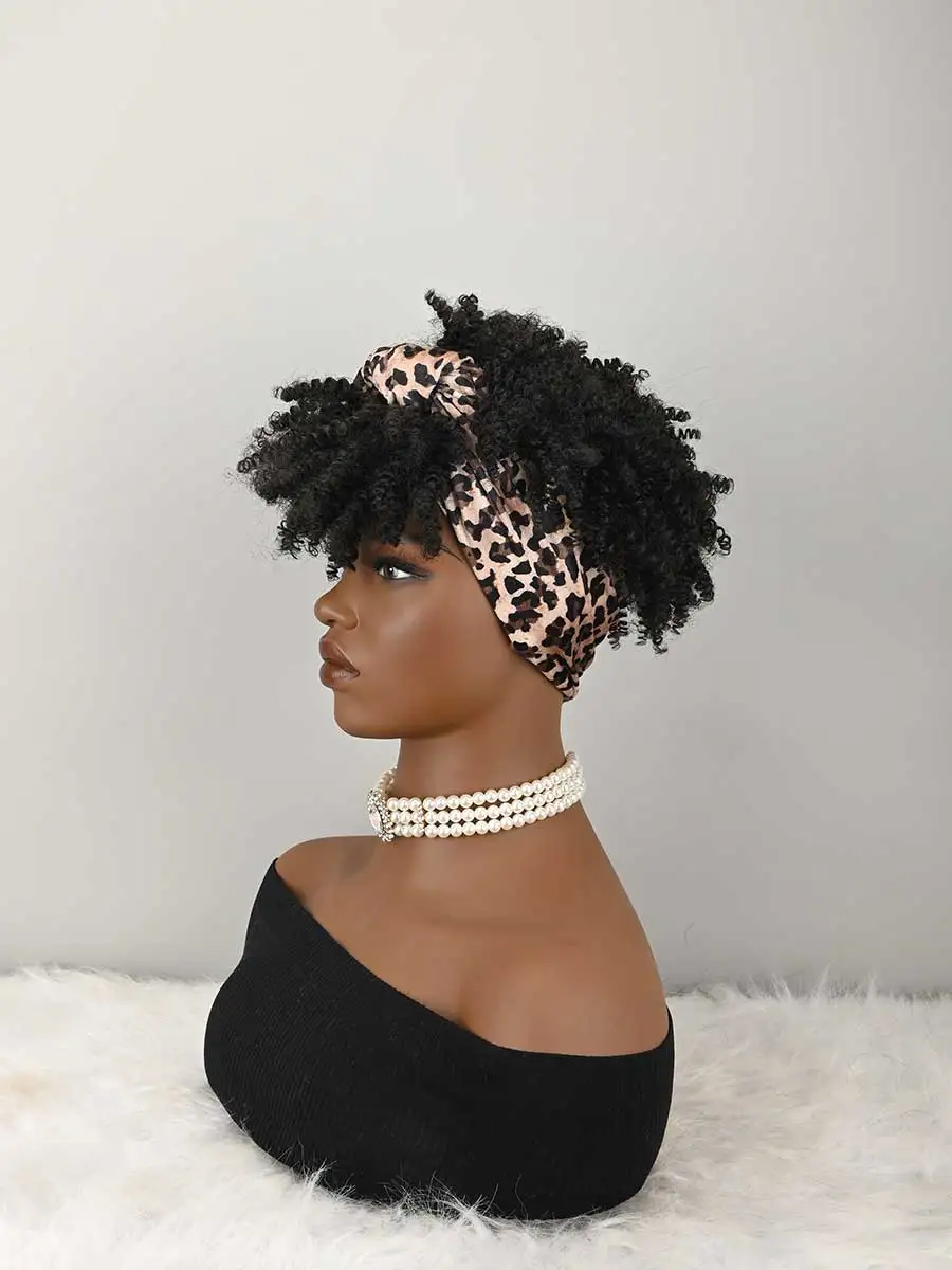 Headband Wig Curly Headband Wig With Bangs For Women Synthetic Afro Curly Hair Wig With Headband Attached Short Kinky Curly Afro High Puff With Bangs Stripes Short Red Curly Wigs with Bangs for Women, Natural Wavy Synthetic Wig, Fluffy Pixie Cut