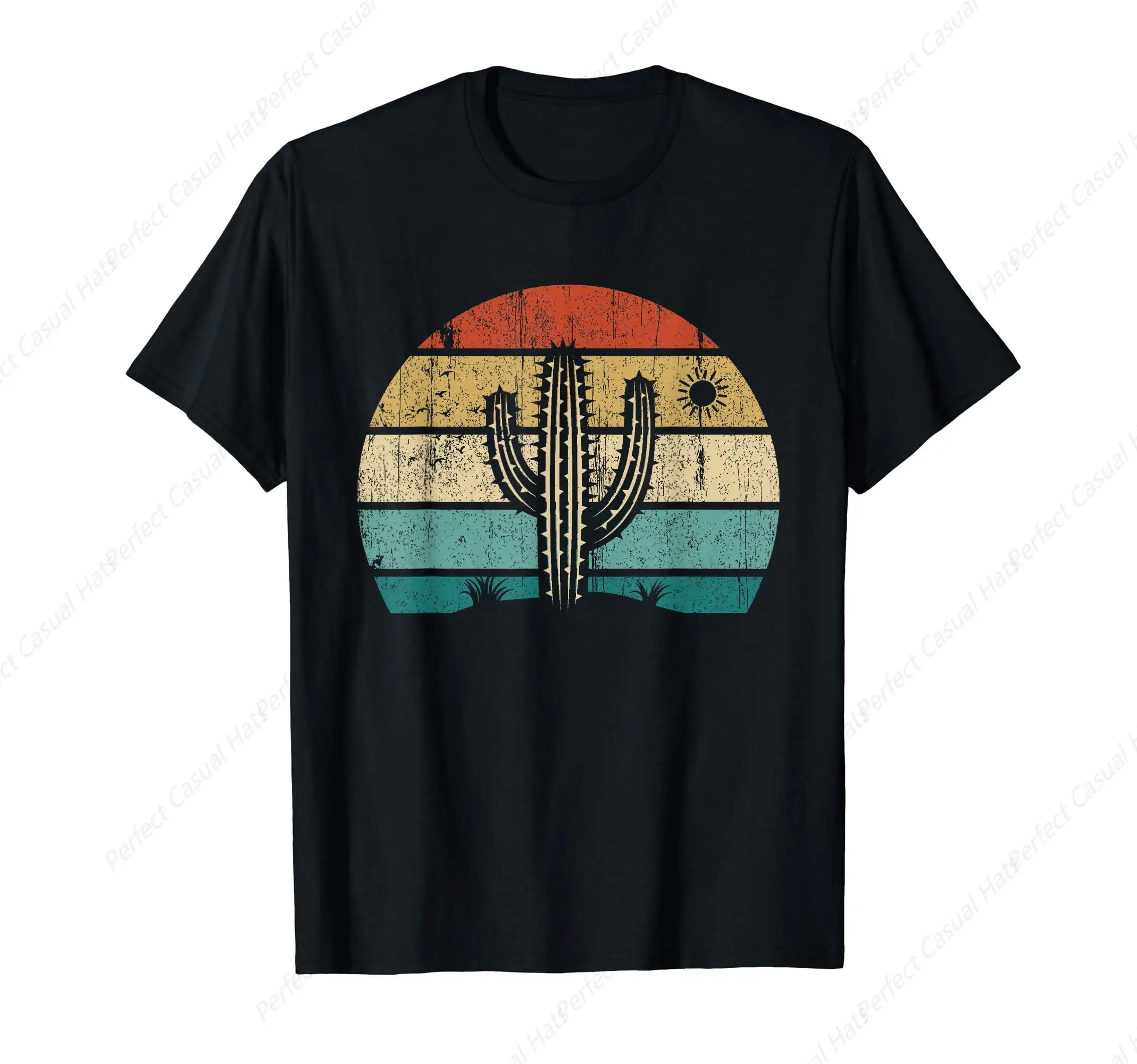 Retro Vintage Saguaro Cactus Cactus Sunset Opuntia Cactaceae T-Shirt Casual Cotton O-Neck Short Sleeve