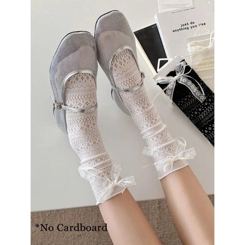 Damen Lolita Lange Socken Einfarbig Frühling Sommer Neue Mode Niedliche Spitze Schleife Damen Socken Netz Sexy Crew Socken für Frauen