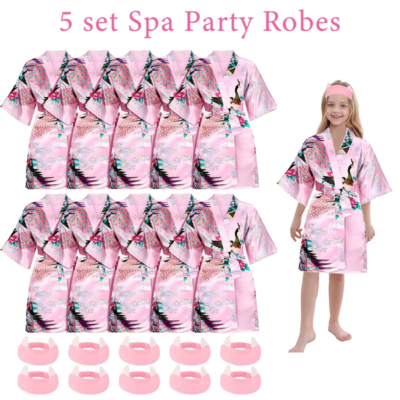 

5 Set Spa Party for Girls Birthday Squad Robes Party Favors for Kids Kimono Spa Robe with Headband Kids Slumber Party Favors