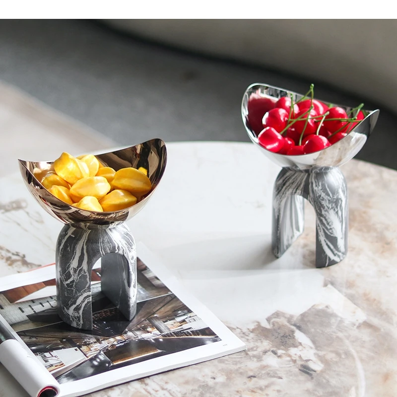 Metal Fruit Plate Geometric Marble Arch High-legged Snack Plate Desktop Storage Tray Metal Figurine Home Decoration Accessories