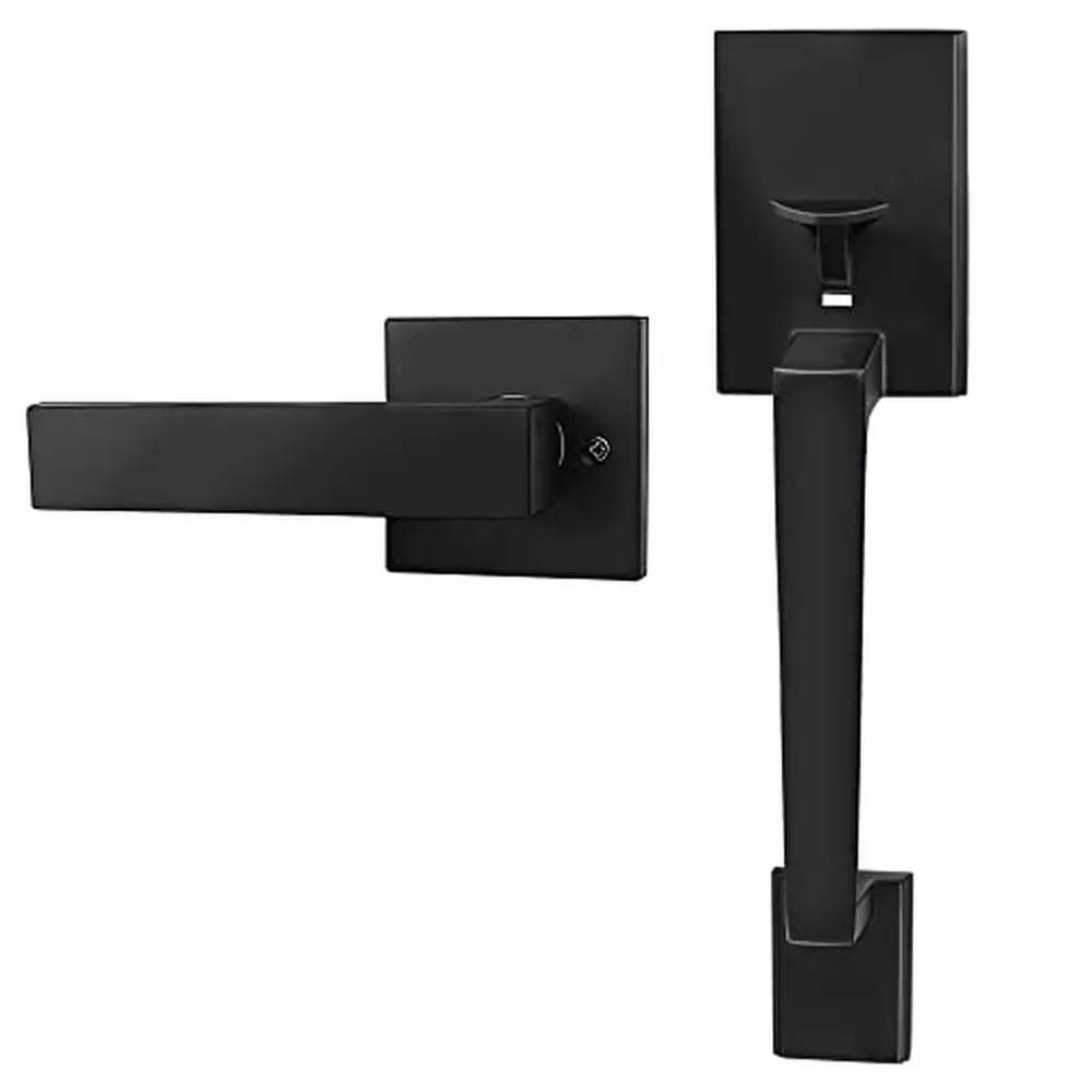 Front Door Handle Set Matte Black Zinc Alloy Reversible Lever Commercial Residential 1-3/8-1-3/4 inch Square Shape