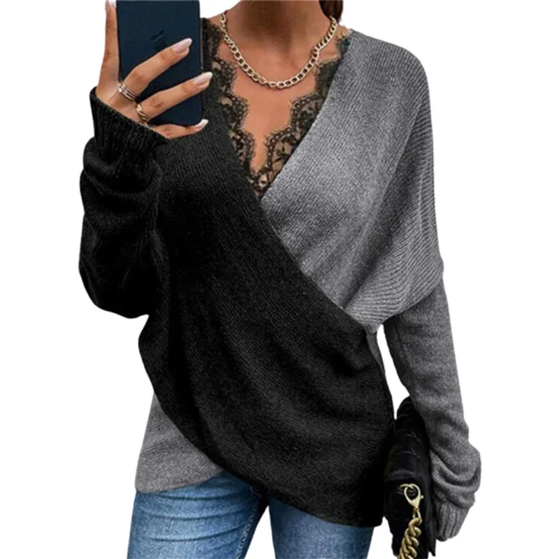 Women Sweater Crossover Deep V Neck Lace Splicing Decoration Elegant Jumpers Female Commuter Colour Blocking Knitted Loose Tops