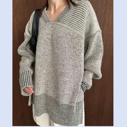 24 year autumn and winter new style split double V-neck long sleeved lazy style knitted sweater for women