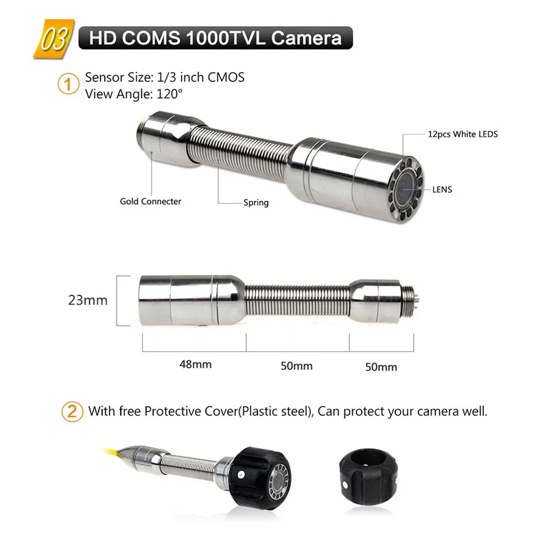 WP70 50m 7inch LCD Pipe Inspection camera 23mm camera for Sewer plumbers / Pipe video Inspection Snake Video Camera System
