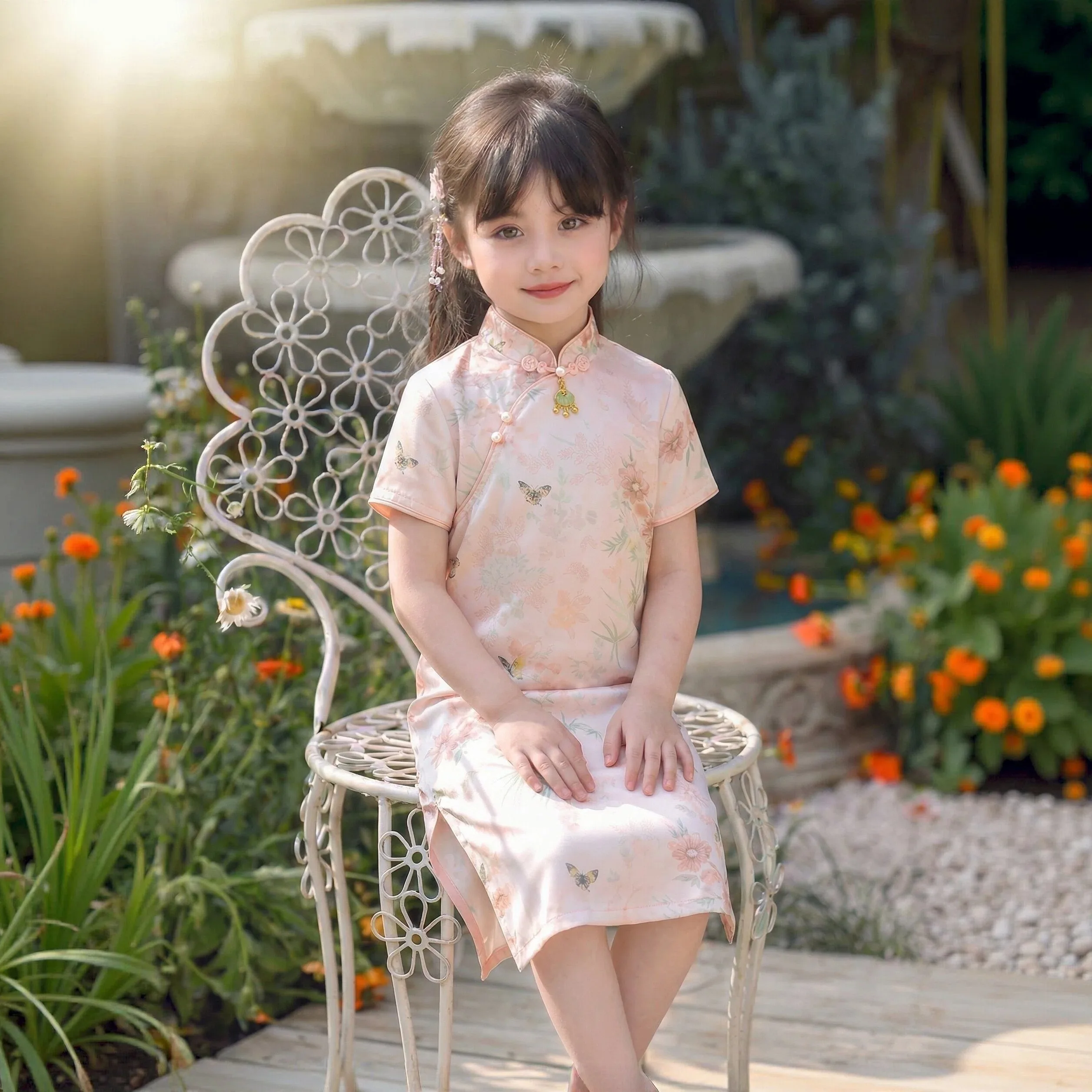 

Baby Girls Traditional Cheongsam Dance Dress with Butterfly Pattern Toddler Birthday Festival Performance Wear Size 2-9 Year