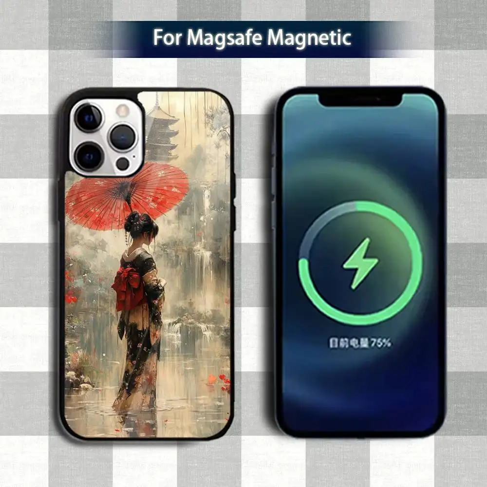 Etui na telefon z motywem sztuki samurajskiej J-Japan Geisha dla iPhone 13, 12, 15, 17, 11, 16, 14, Pro, Max, Plus, Mini, z obsługą Magsafe, magnetyczne etui do ładowania bezprzewodowego.