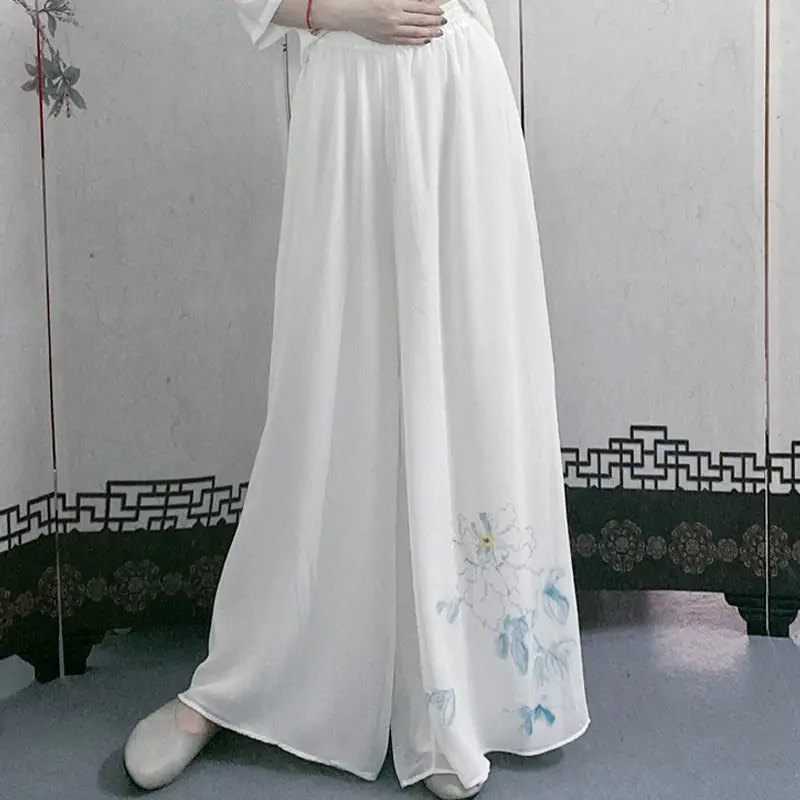 Pantalon de danse chinoise en mousseline de soie pour femmes, impression de style chinois, surintendant à jambes larges, vêtements de danse dégradés, Z369, nouveau, 2024