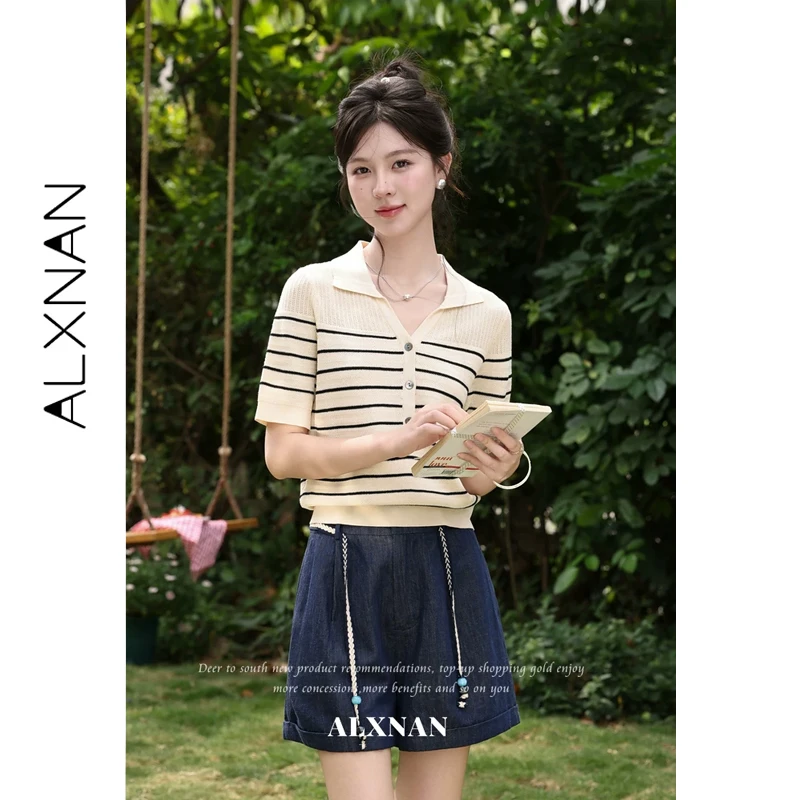 

ALXNAN Apricot T-shirt Striped Polo Collar Knit Short Sleeve T-shirts Women Summer New Casual Fashion Slim-fit Top Ladies L63913