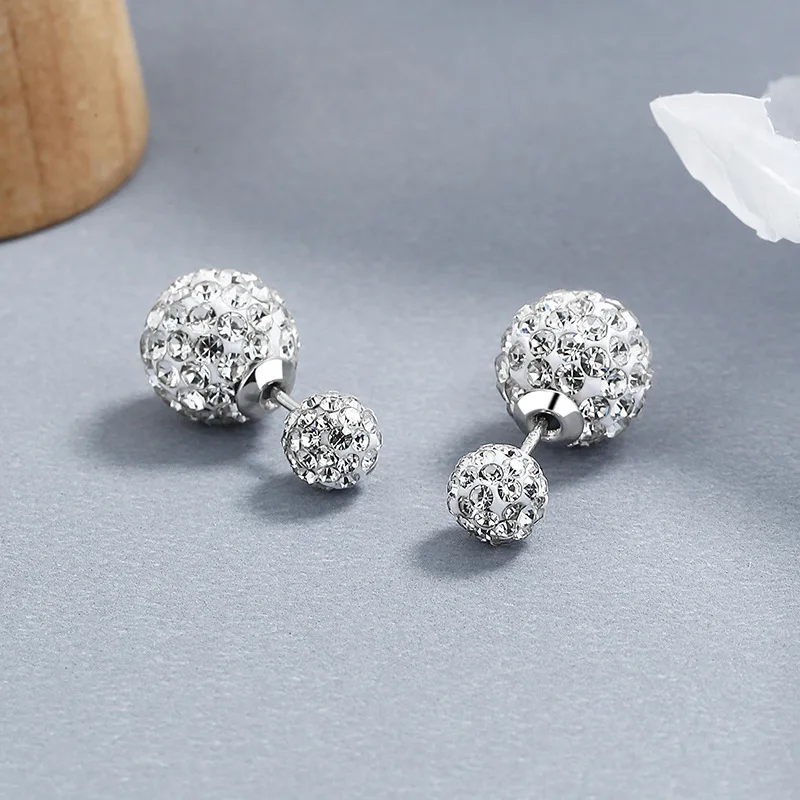 Edle, exquisite 925er Sterlingsilber-Schmuckstücke: Neue, wunderschöne Kristall-Doppelkugel-Ohrringe für Damen – E220
