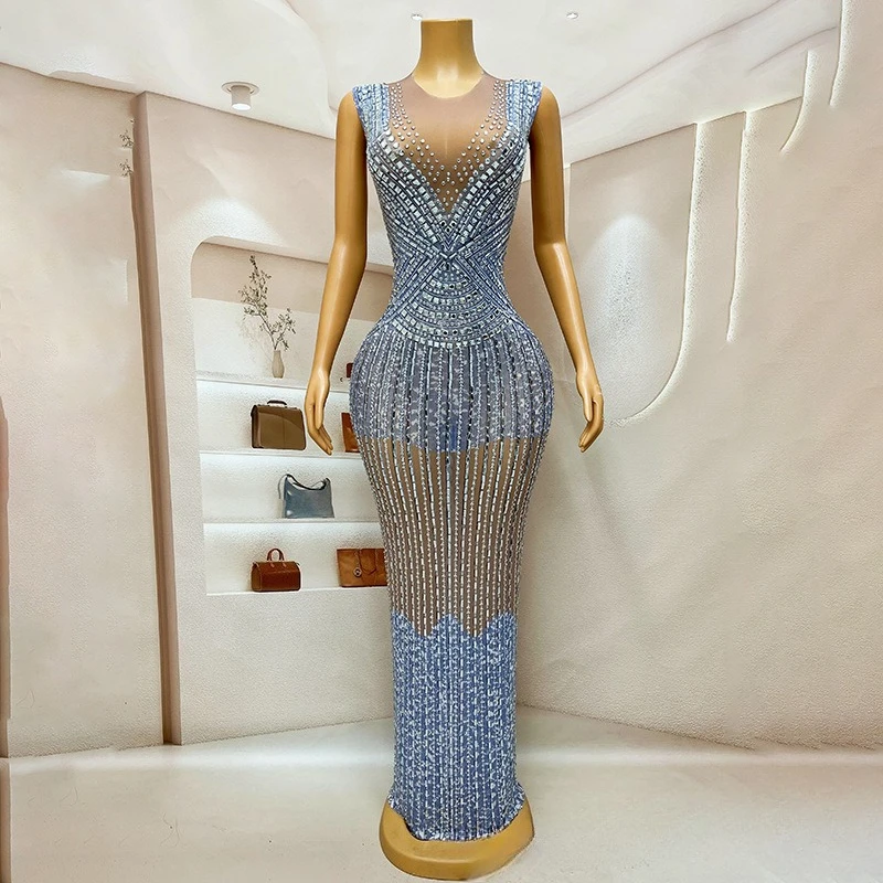 Robe de tempérament bleu clair en fausse viande, à la mode, pour chanteuse, vêtements de Performance atmosphérique haut de gamme, robe de réunion annuelle, 2025