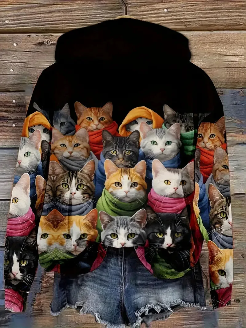 Unisex Cat Print Hoodie Casual Pullover Sweatshirt Festive Fashion Loose Streetwear Hooded Pullover