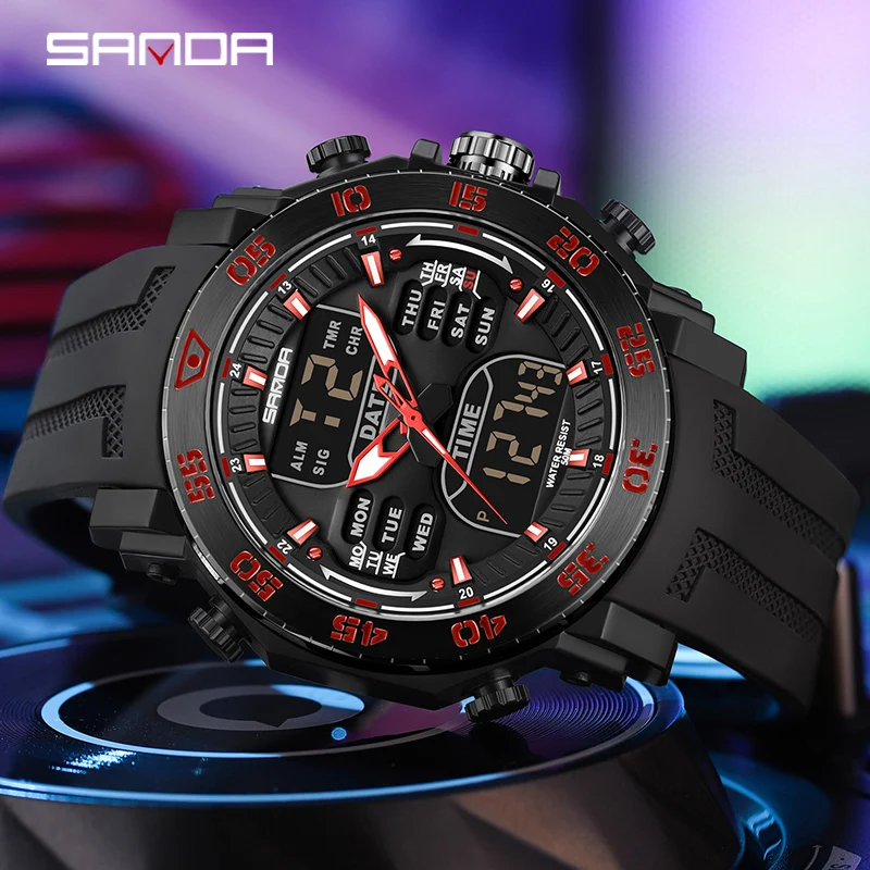 

SANDA 6029 New Dual Display Outdoor Sports Military Strap 50M Waterproof Watch Multifunction LED Digital Watches For Men