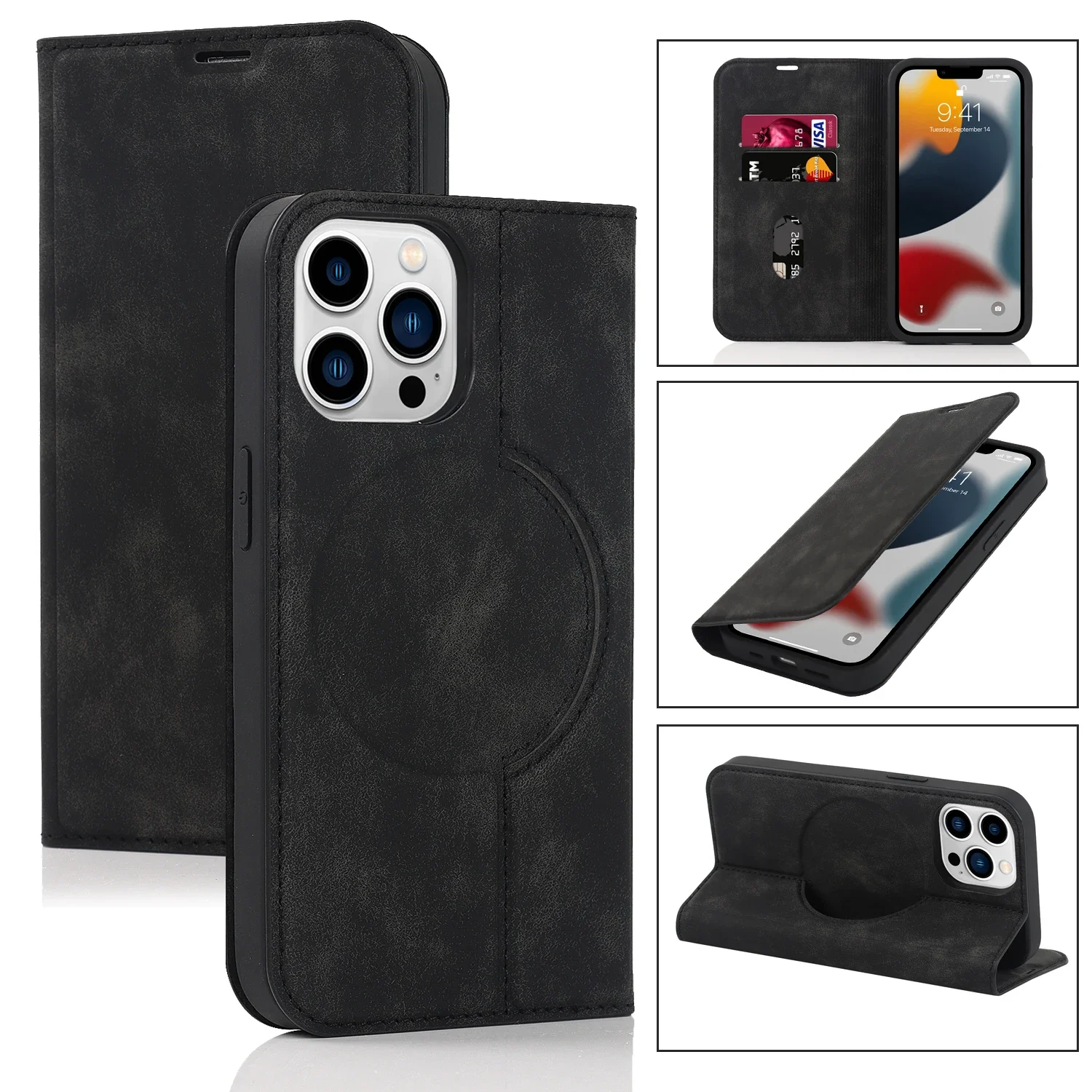 HQBBRO Magnetische Leder-Geldbörsen-Telefonabdeckung für iPhone 16 Pro Max 14 Plus 13 15 12 für Magsafe Wireless Charging Stand Card Solt Case 6
