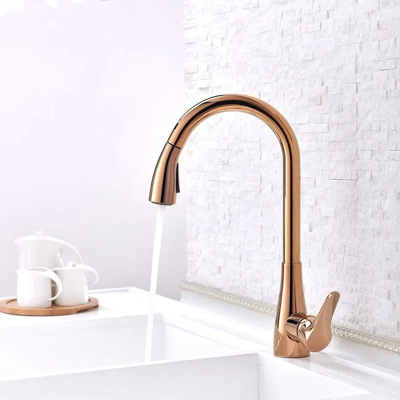 Kitchen Faucets  Single Handle Pull Out Kitchen Mixer Tap Single Hole Rotating Rose Gold Water Mixer Tap Mixer Tap