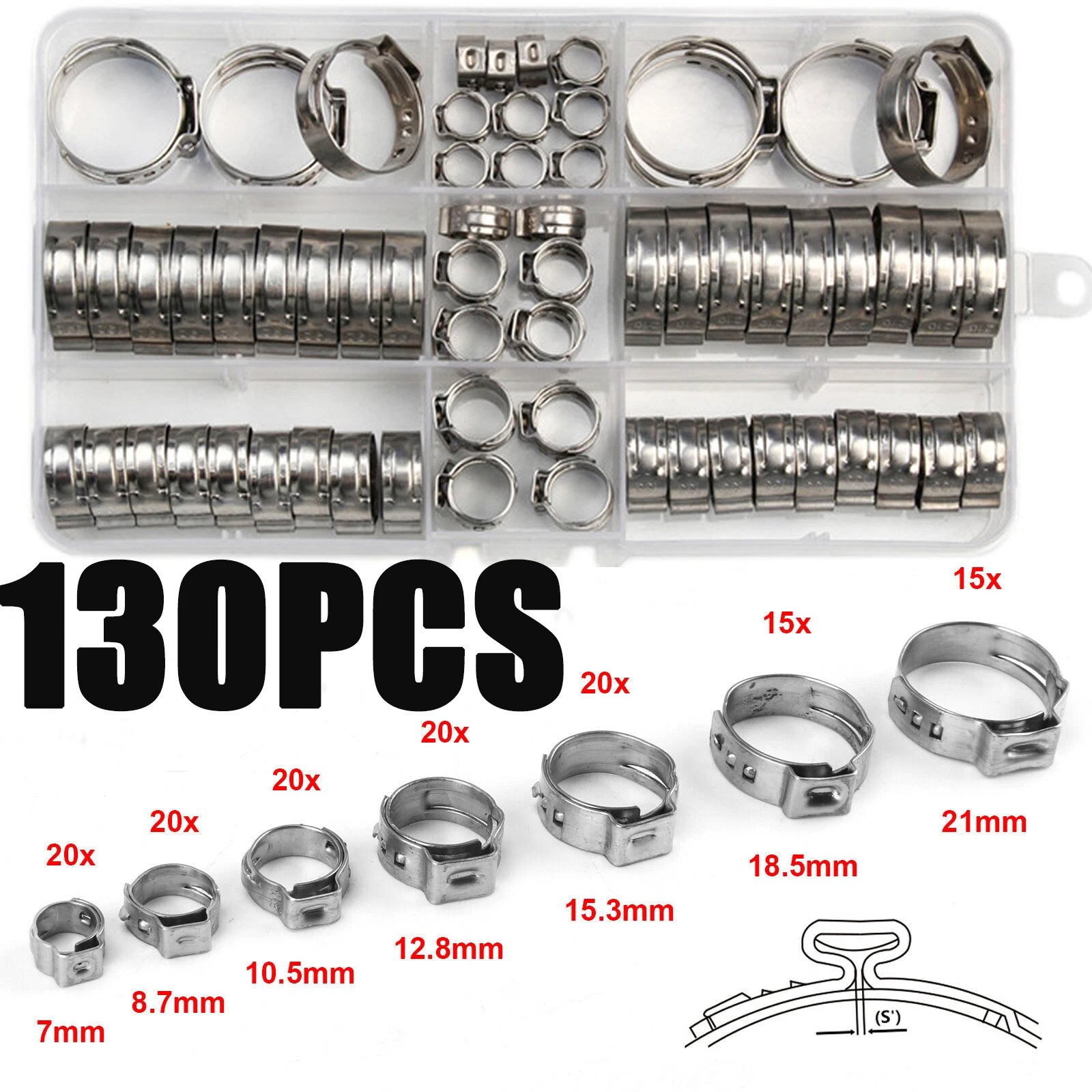 

130pcs Hose Clamps 5.8-23.5mm Single Ear Stepless 304 Stainless Steel Hose Clamps Cinch Clamp Rings for Sealing Kinds