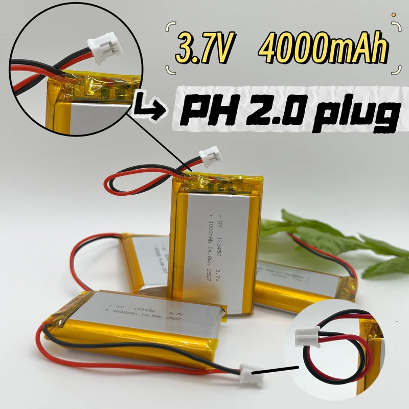 103450 3.7v 3000/4000mah bateria recarregável de polímero de lítio de alta capacidade 2.0mm conector de 2 pinos para câmera gps mp5 fone de ouvido bluetooth